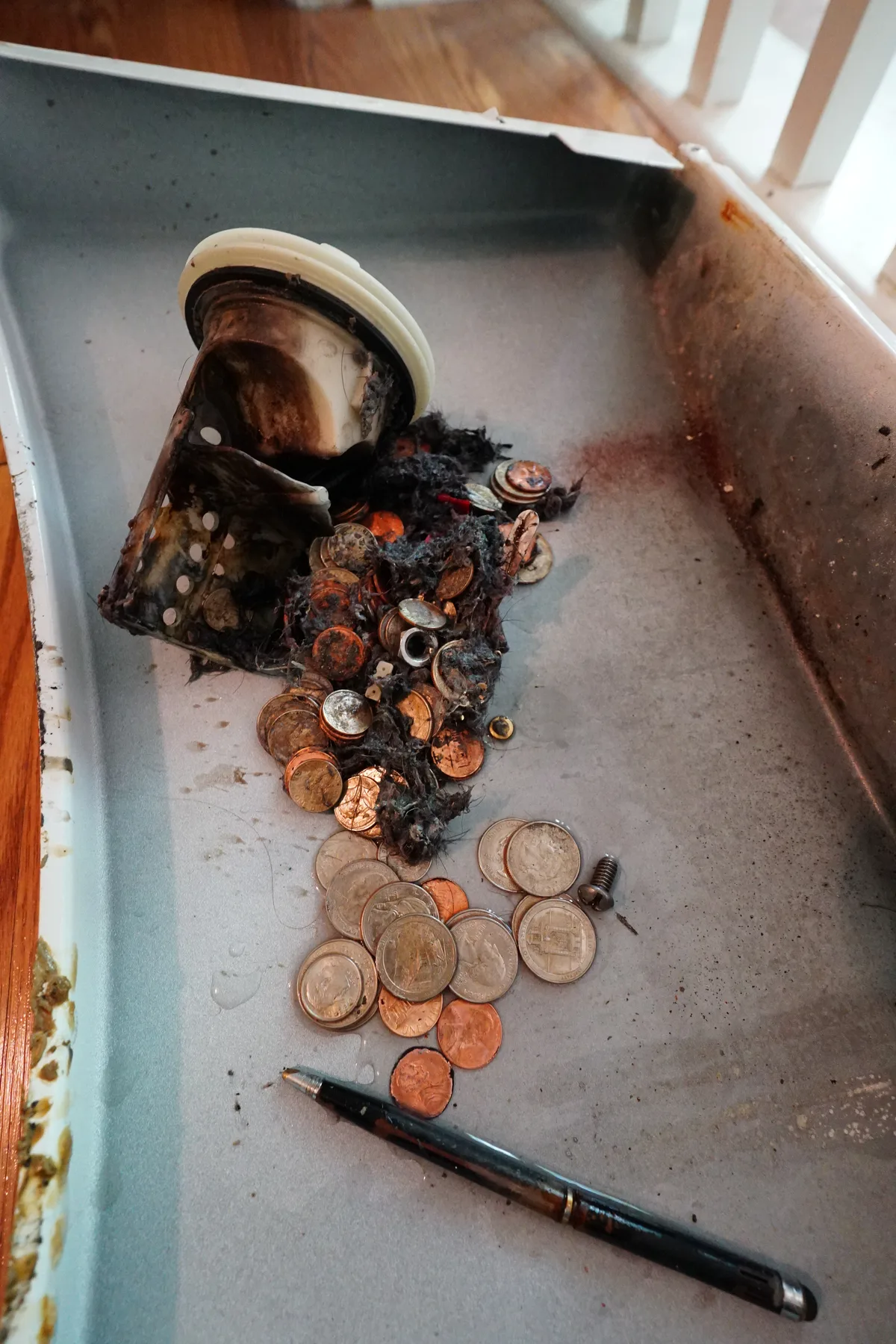 Coins and debris pulled out of a clogged garbage disposal grinding chamber